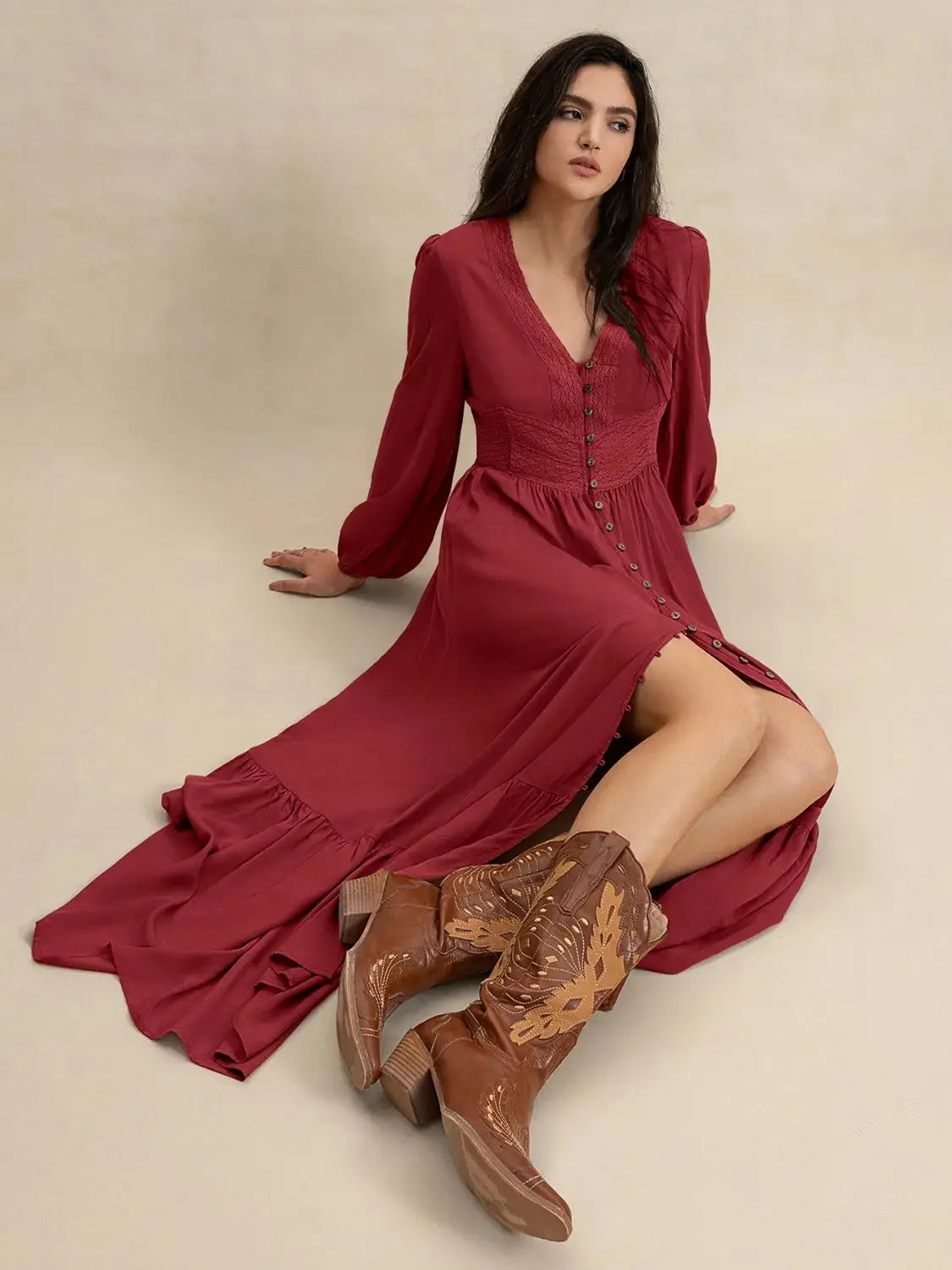 V-Neck Balloon Sleeve Ruffled Hem Maxi Dress - Clothes For Her Online Store