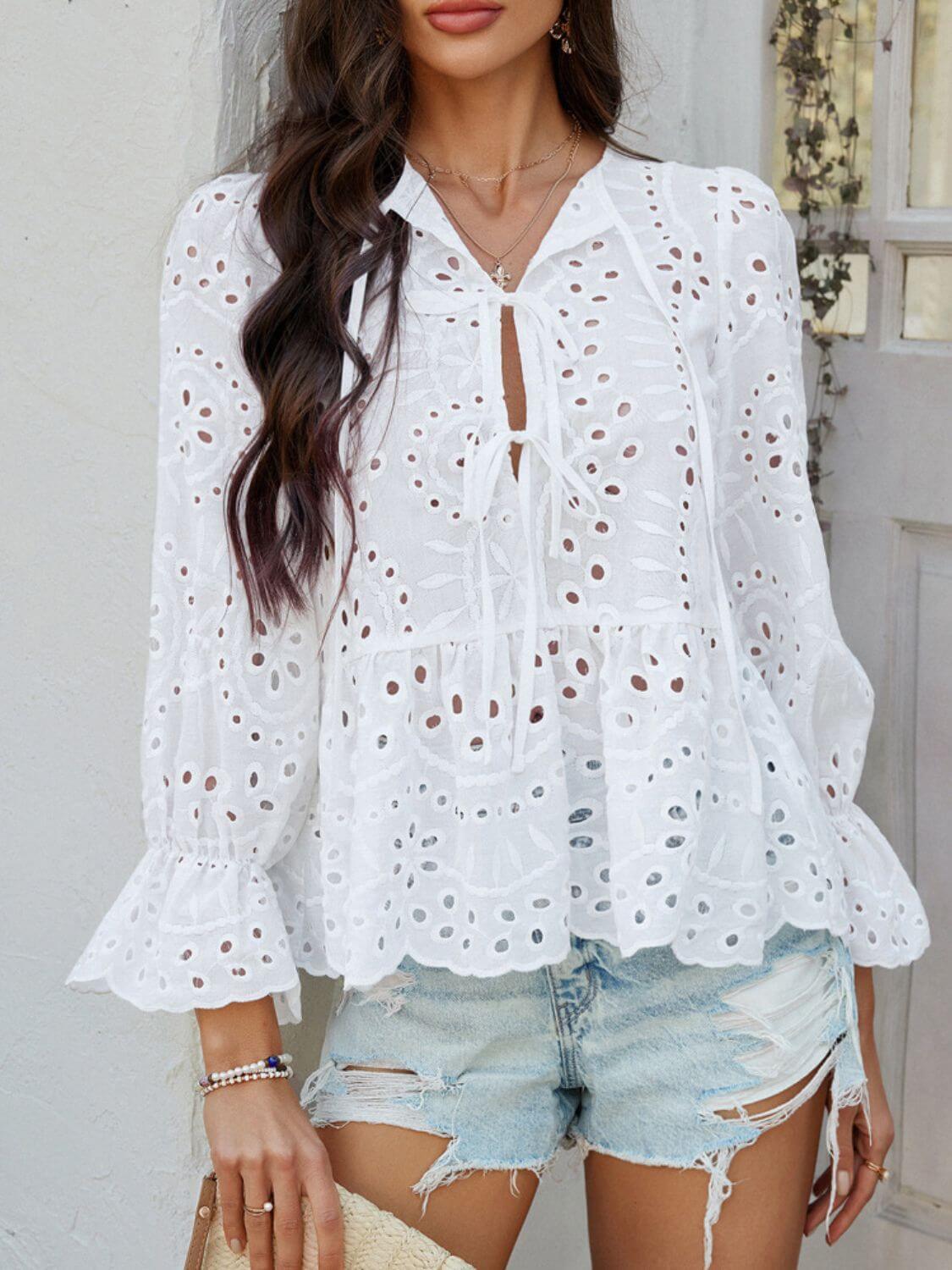 Devine Tie Front Flounce Sleeve Peplum Blouse - Clothes For Her Online Store