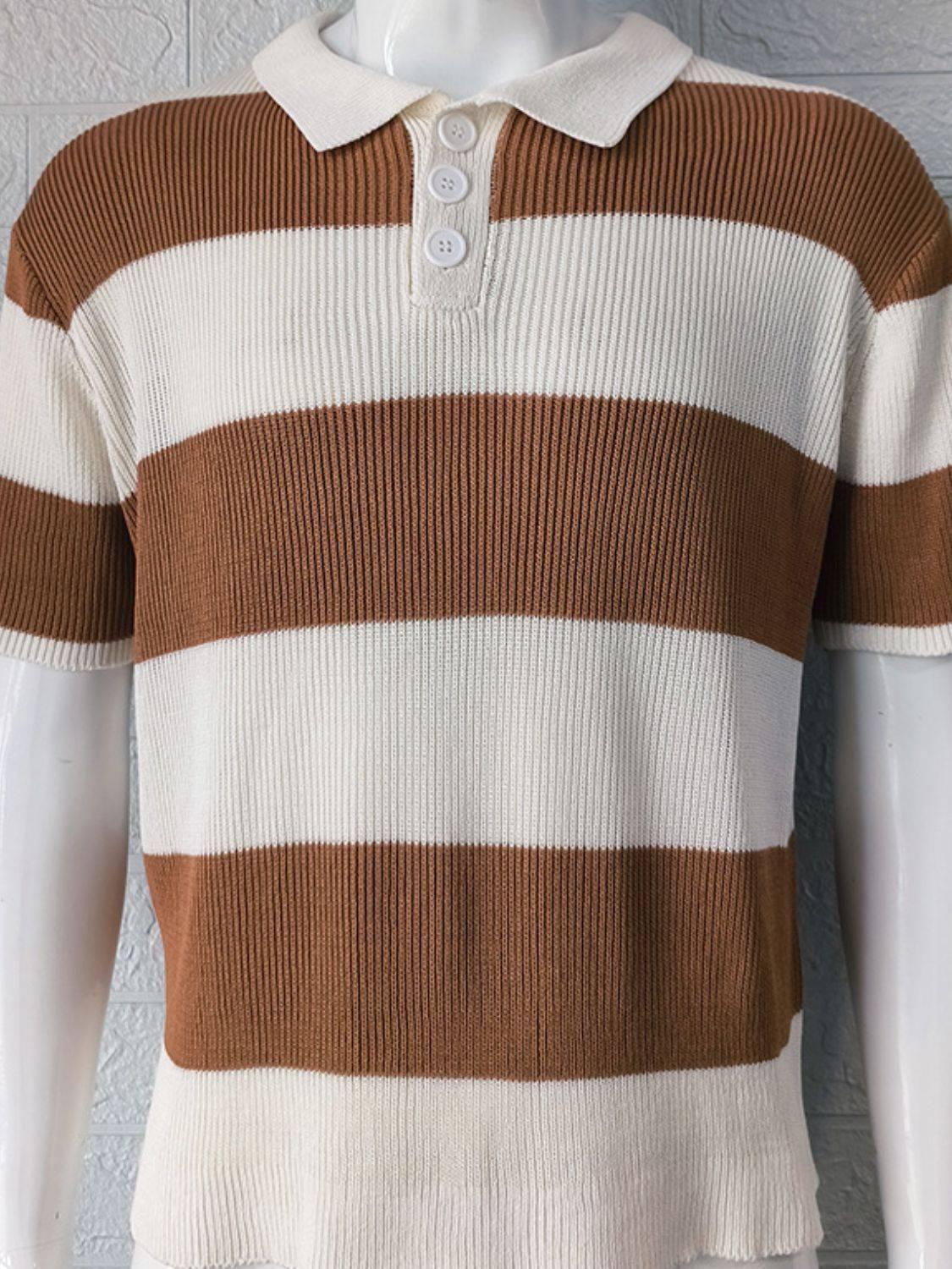 Men's Plus Size Collared Neck Striped Ribbed Knit Polo - Clothes For Her Online Store