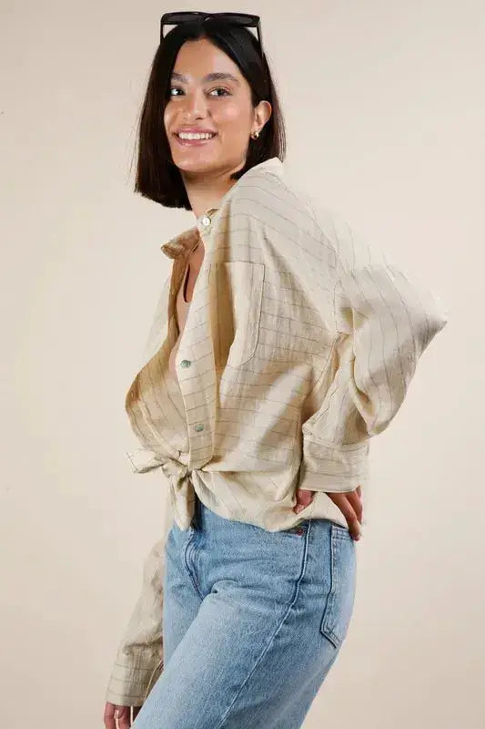 VERY J Oversized Striped Button Down Shirt Top - Clothes For Her Online Store