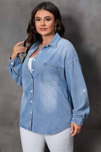 Plus Size Button Up Pocketed Denim Top - Clothes For Her Online Store