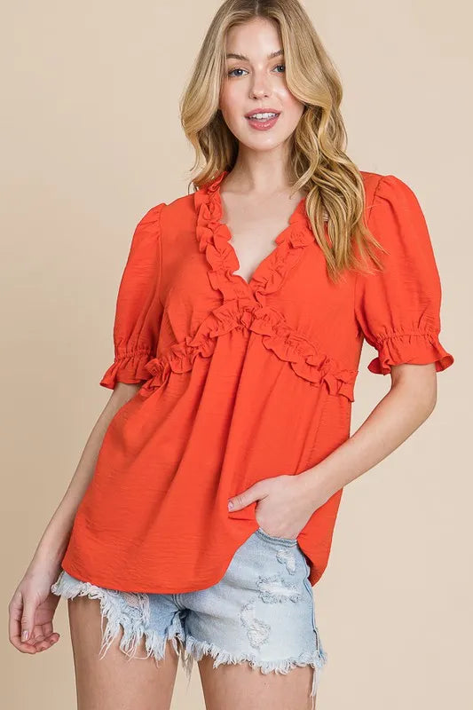 Lime 'N' Chili Solid Ruffled Deep V-Neck Puff Sleeve Babydoll Top