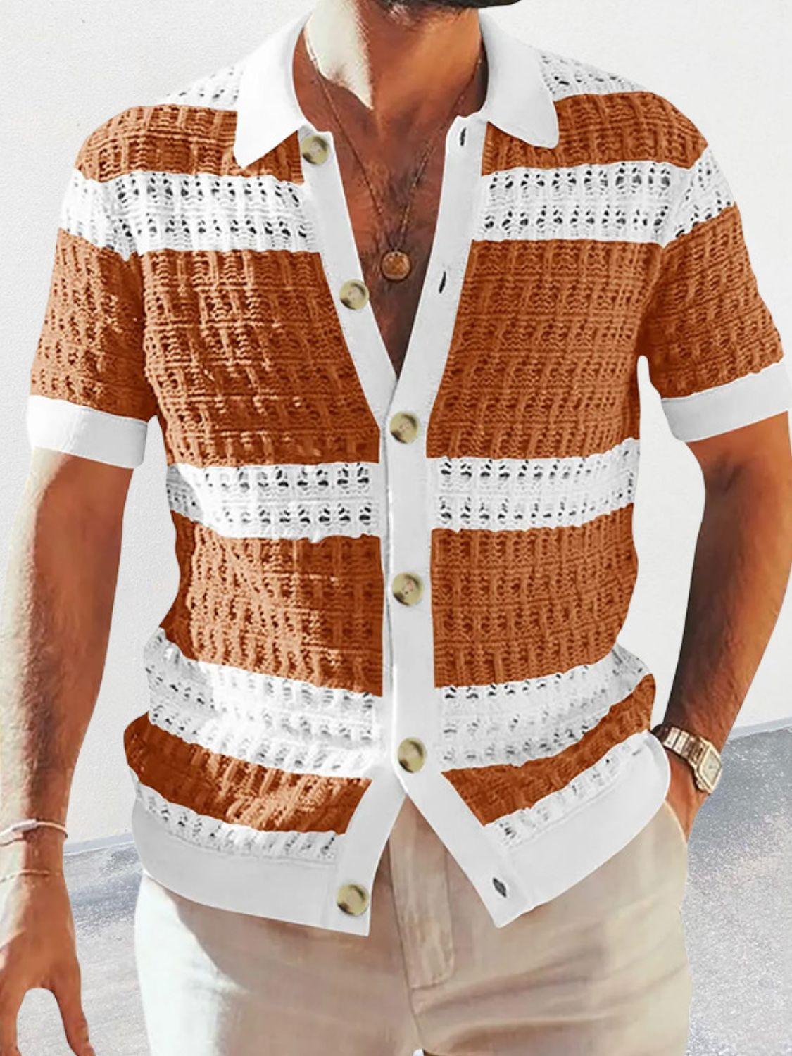 Men's Button Down Collared Neck Contrast Openwork Shirt - Clothes For Her Online Store