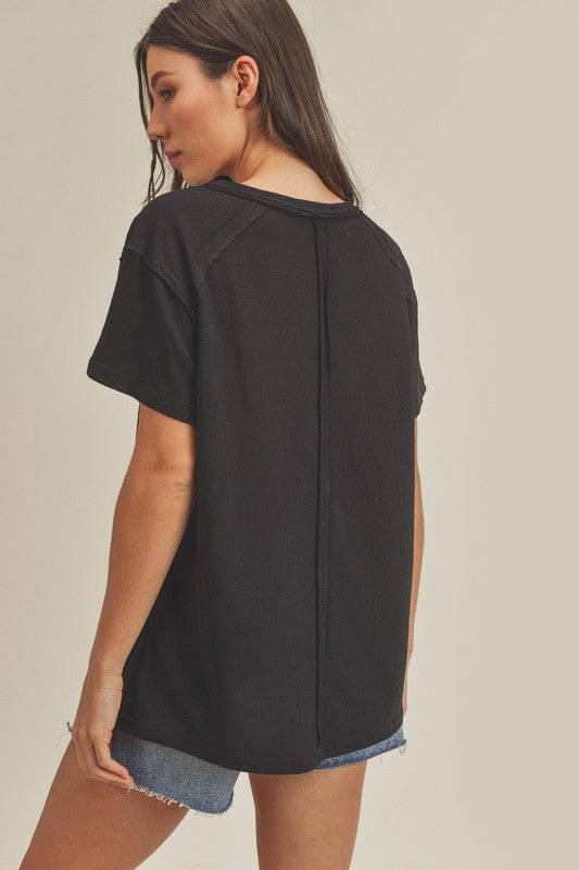 Aemi + Co Exposed Seam Round Neck Short Sleeve T-Shirt - Clothes For Her Online Store