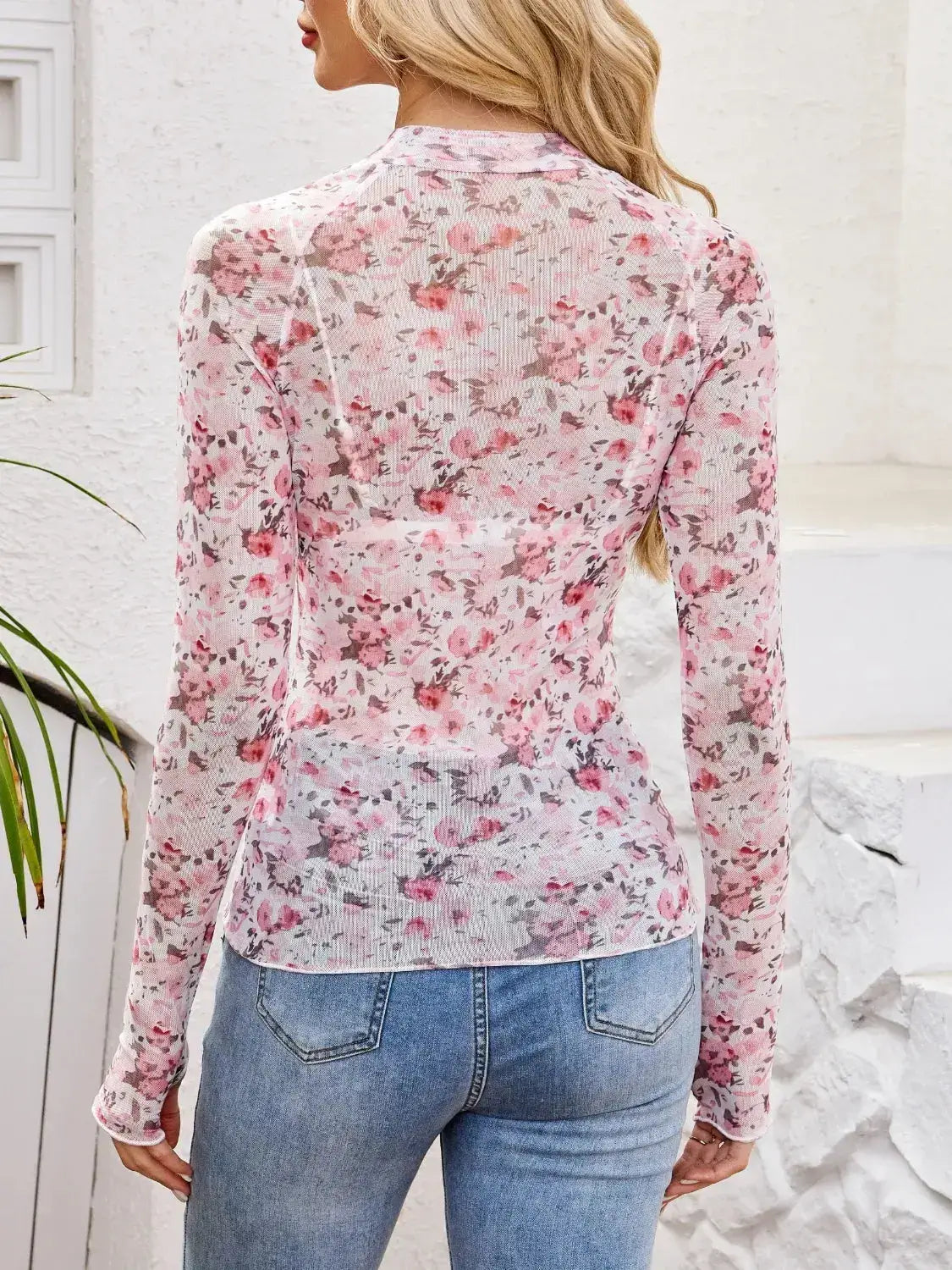 Floral Mock Neck Long Sleeve Top - Clothes For Her Online Store