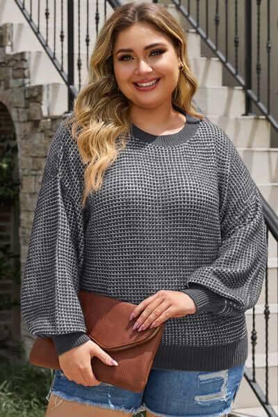 Plus Size Waffle-Knit Round Neck Dropped Shoulder Sweater - Clothes For Her Online Store