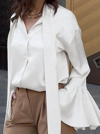 Button Down Flounce Sleeve Shirt - Clothes For Her Online Store