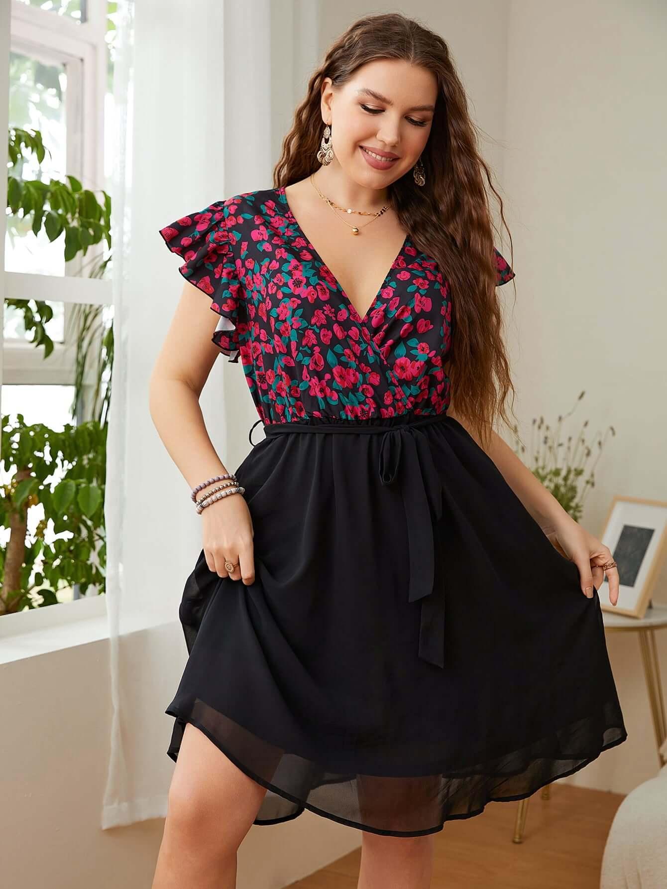 Honey Plus Size Floral Surplice Neck Flutter Sleeve Dress - Clothes For Her Online Store