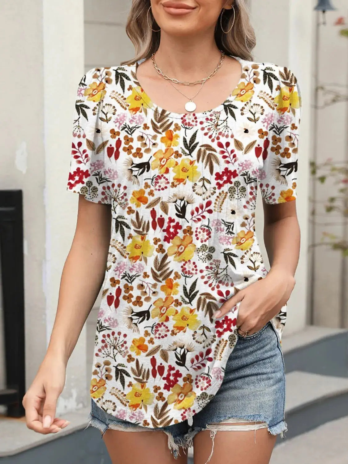 Floral Round Neck Short Sleeve Top - Clothes For Her Online Store