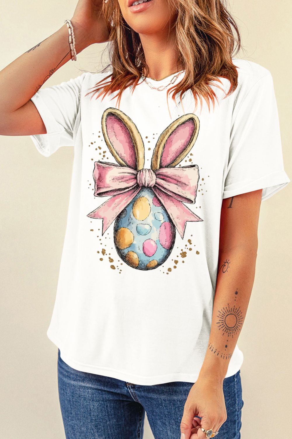 Easter Egg Bow Bunny Ear Graphic T-Shirt - Clothes For Her Online Store