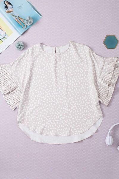 Printed Round Neck Ruffled Half Sleeve Blouse - Clothes For Her Online Store