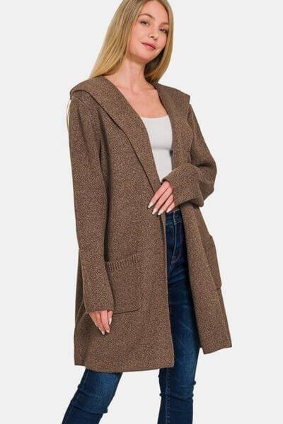 Zenana Hooded Open Front Sweater Cardigan - Clothes For Her Online Store
