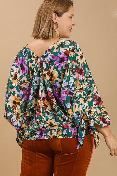 Umgee Full Size Floral V-Neck Tie Sleeve Blouse Plus Size - Clothes For Her Online Store