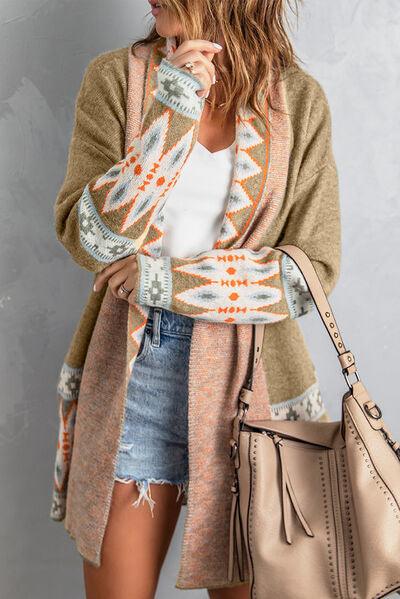 Geometric Open Front Long Sleeve Cardigan - Clothes For Her Online Store