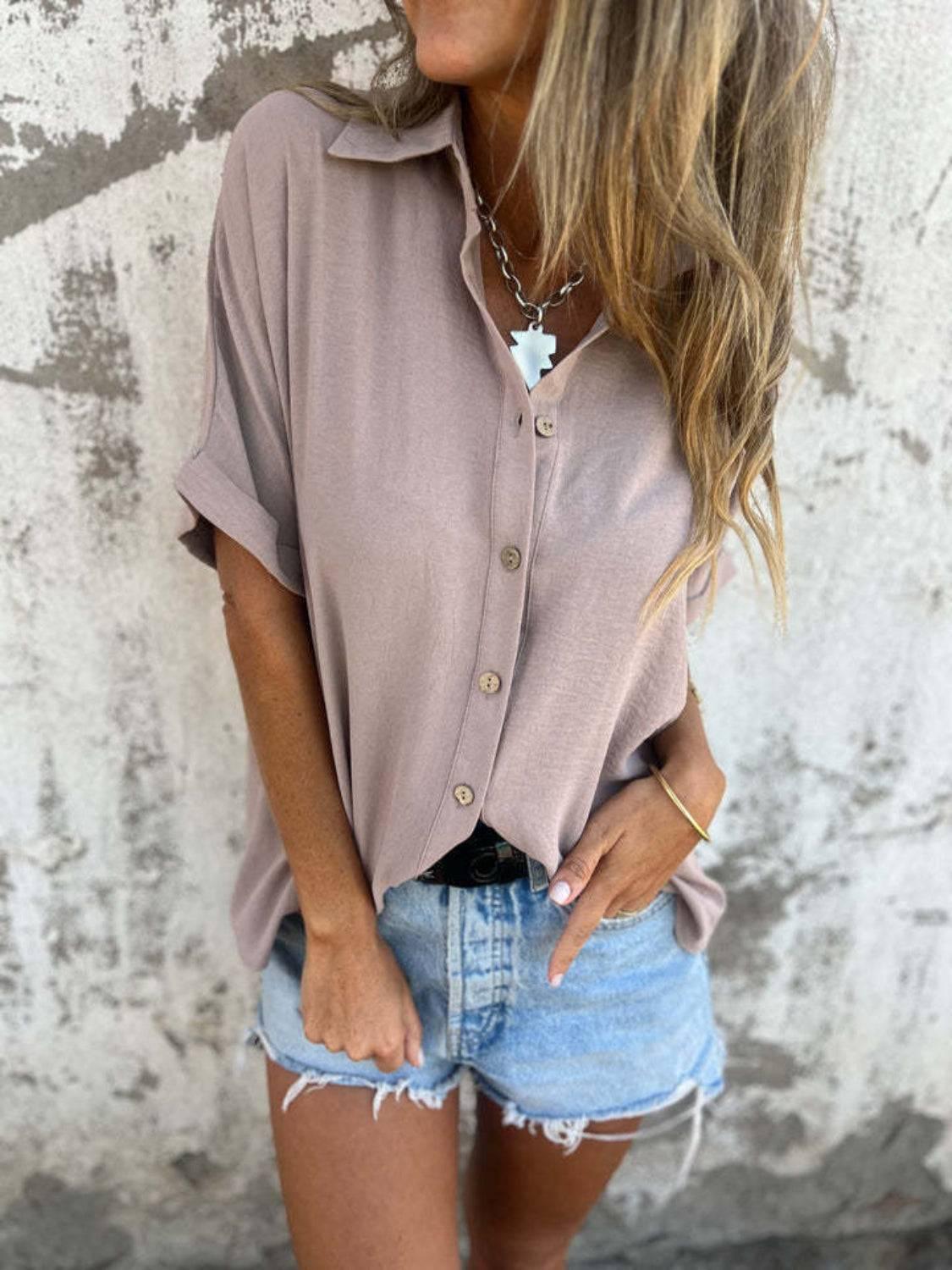 Full Size Button Down Short Sleeve Shirt Plus Size - Clothes For Her Online Store