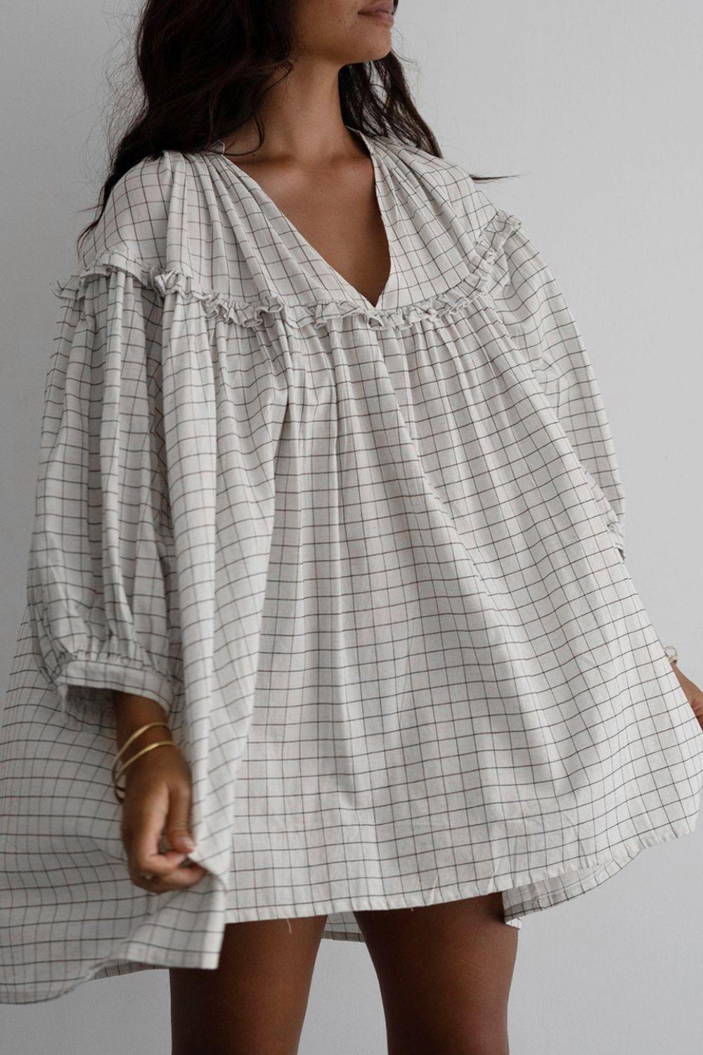 Frill Plaid Notched Balloon Sleeve Mini Dress - Clothes For Her Online Store