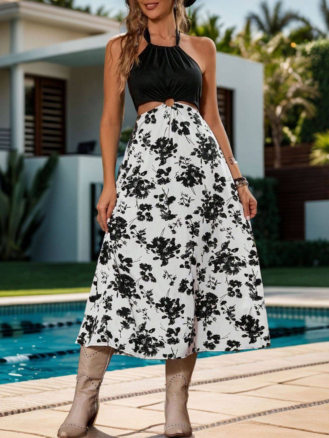 Perfee Backless Printed Halter Neck Midi Dress - Clothes For Her Online Store