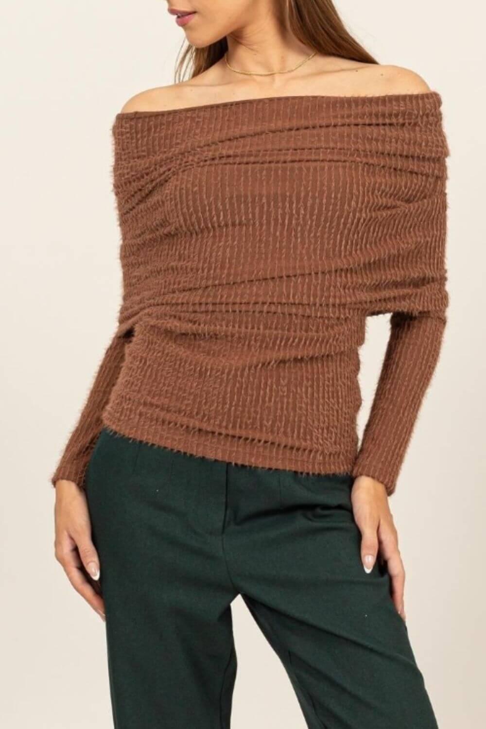 HYFVE Fuzzy Off Shoulder Textured Knit Top - Clothes For Her Online Store