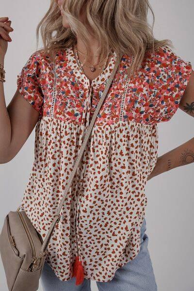 Printed Floral Embroidery Tie Neck Blouse - Clothes For Her Online Store