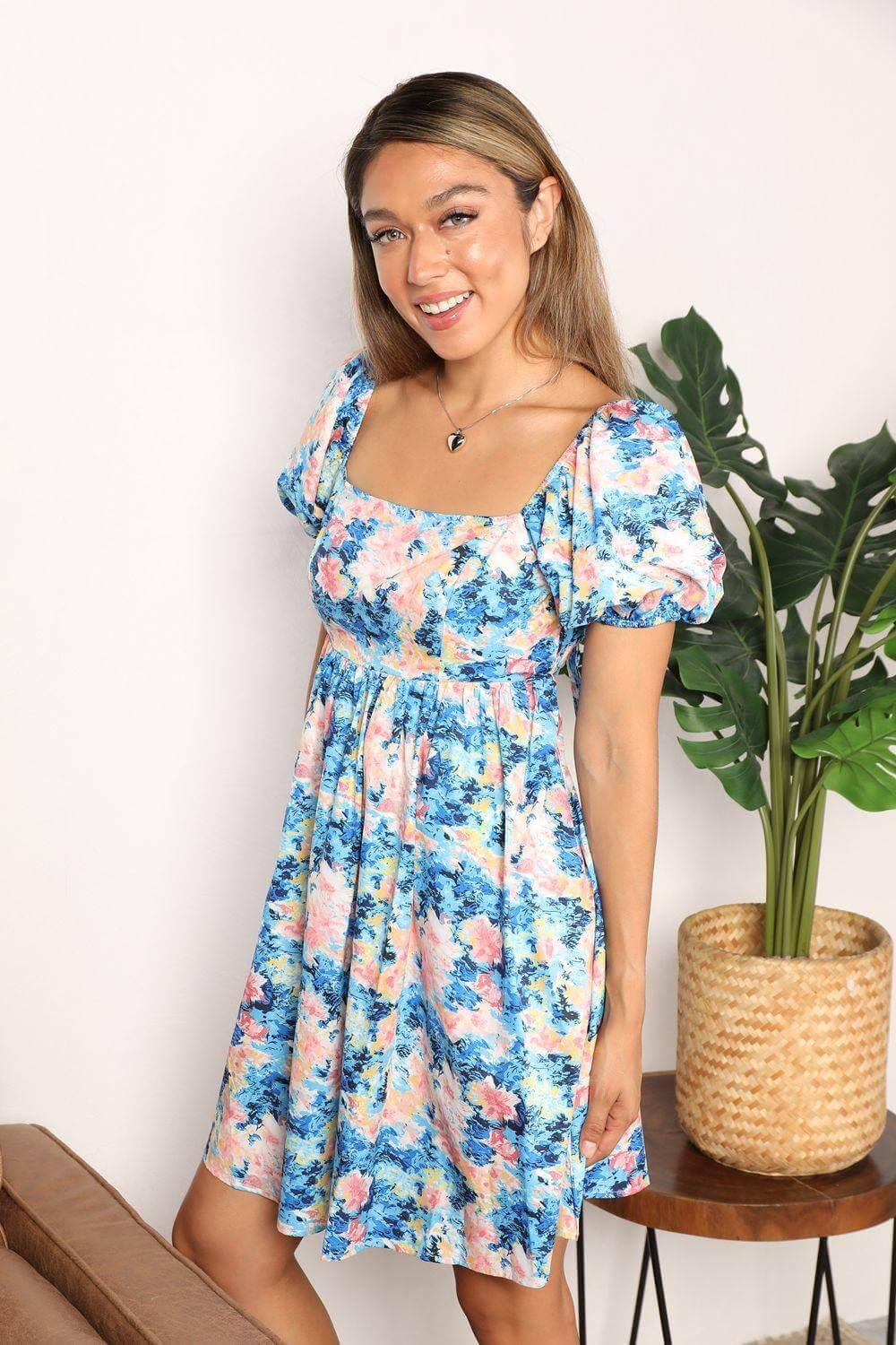 Honey Floral Square Neck Puff Sleeve Dress - Clothes For Her Online Store