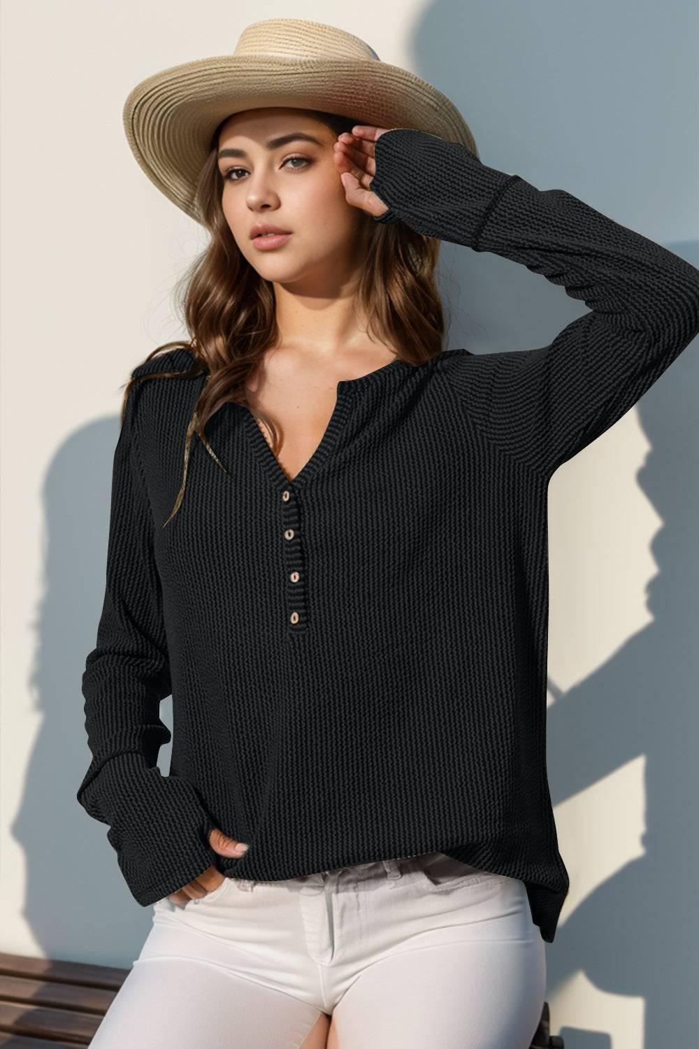 Double Take Full Size Notched Thumbhole Long Sleeve T-Shirt - Clothes For Her Online Store