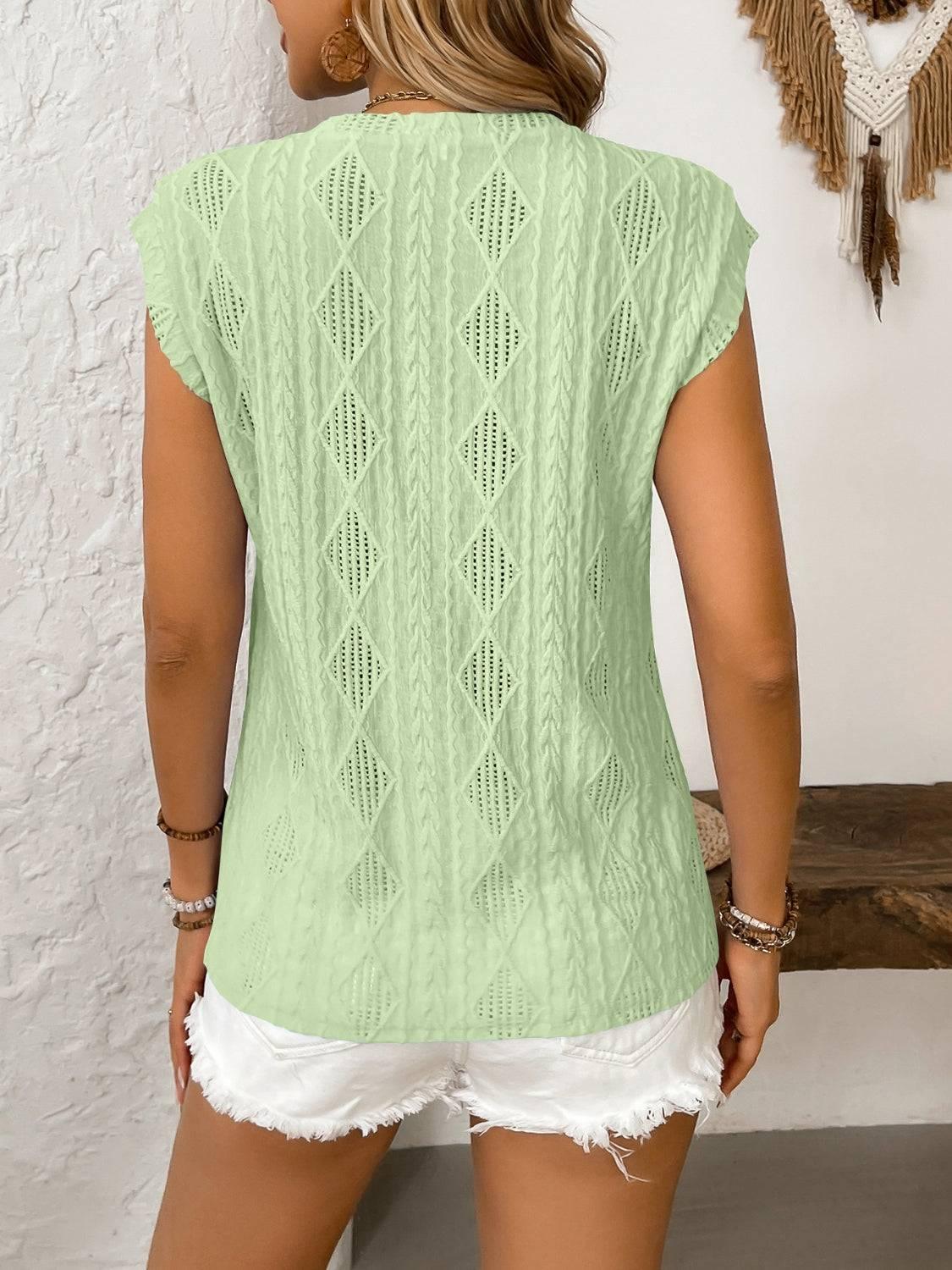Eyelet Round Neck Cap Sleeve Top - Clothes For Her Online Store