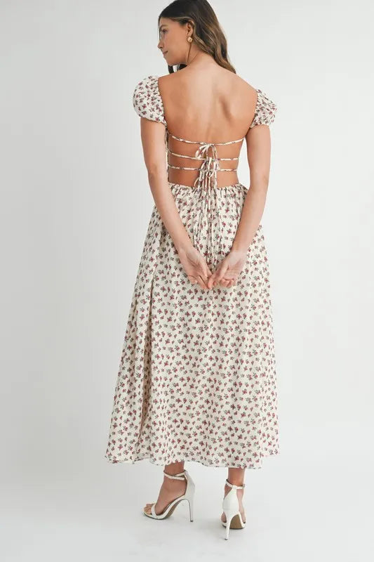 MABLE Floral Print Puff Sleeve Gathered Midi Dress