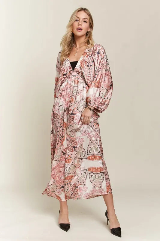 ADORA Printed V-Neck Batwing Sleeve Dress