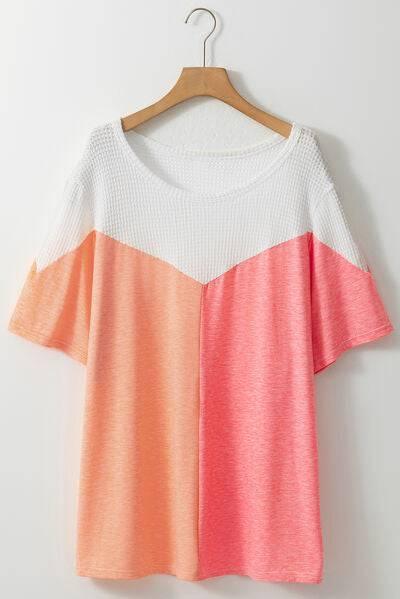 Plus Size Color Block Round Neck Short Sleeve T-Shirt - Clothes For Her Online Store
