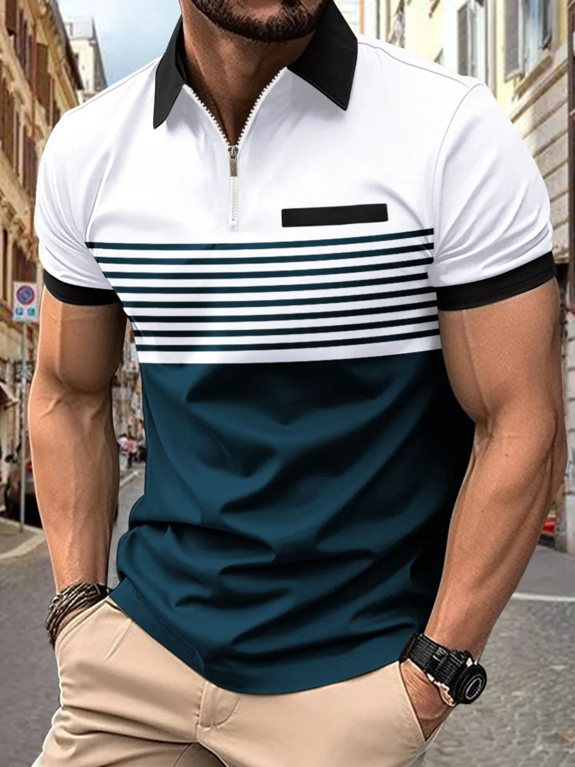 Men's Full Size Collared Neck Contrast Polo Plus Size