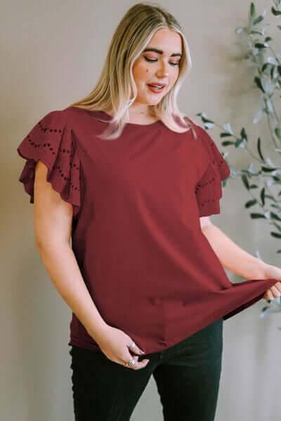 Plus Size Eyelet Round Neck Short Sleeve Blouse - Clothes For Her Online Store