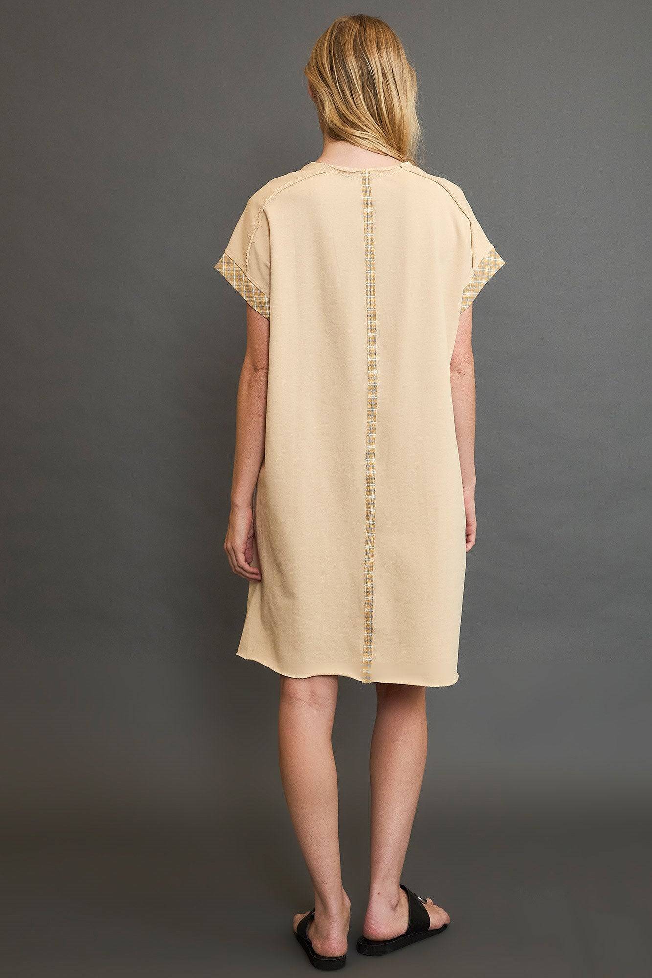 Umgee Peace Plaid Applique Short Sleeve Mini Dress - Clothes For Her Online Store