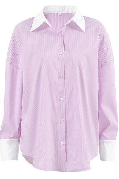 Striped Collared Neck Long Sleeve Shirt - Clothes For Her Online Store