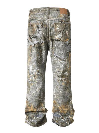 Men's Wide Straight Printed Jeans with Pockets - Clothes For Her Online Store