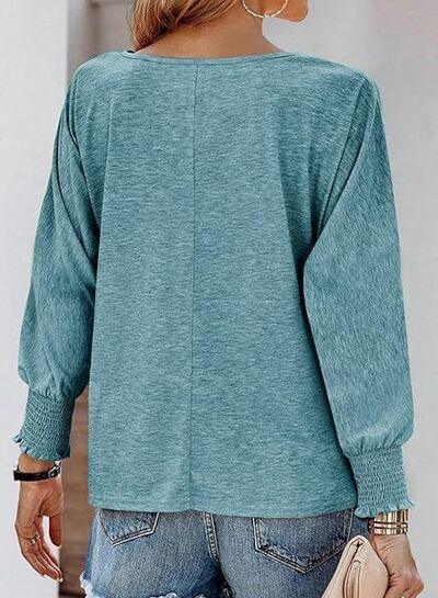 Round Neck Smocked Lantern Sleeve T-Shirt - Clothes For Her Online Store