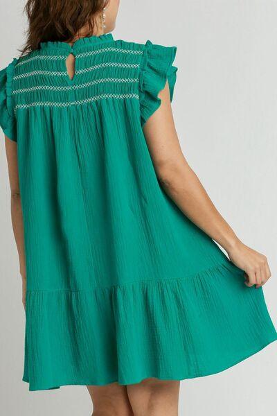 Umgee Full Size Smocked Contrast Stitching Ruffle Cap Sleeve Round Neck Dress Plus Size - Clothes For Her Online Store