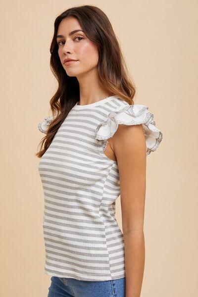 Annie Wear Ruffled Striped Round Neck Cap Sleeve Knit Top - Clothes For Her Online Store