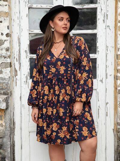 Plus Size Floral V-Neck Balloon Sleeve Dress - Clothes For Her Online Store