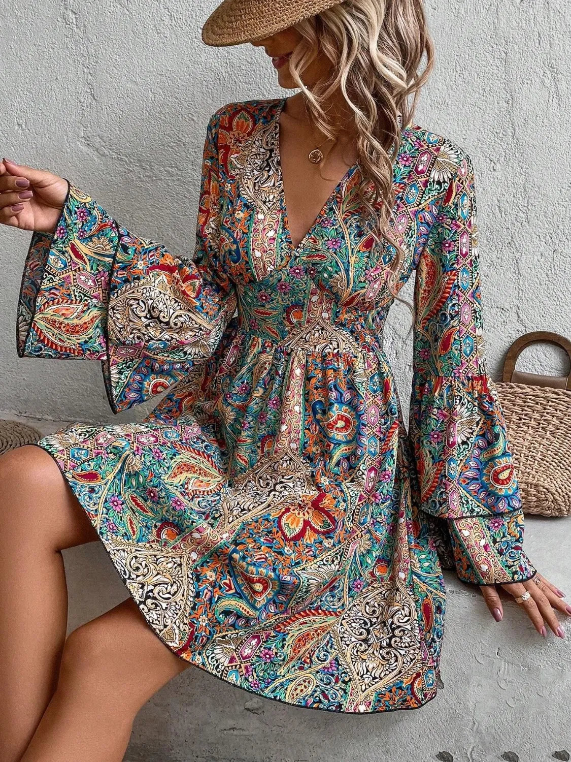 Printed V-Neck Flounce Sleeve Dress