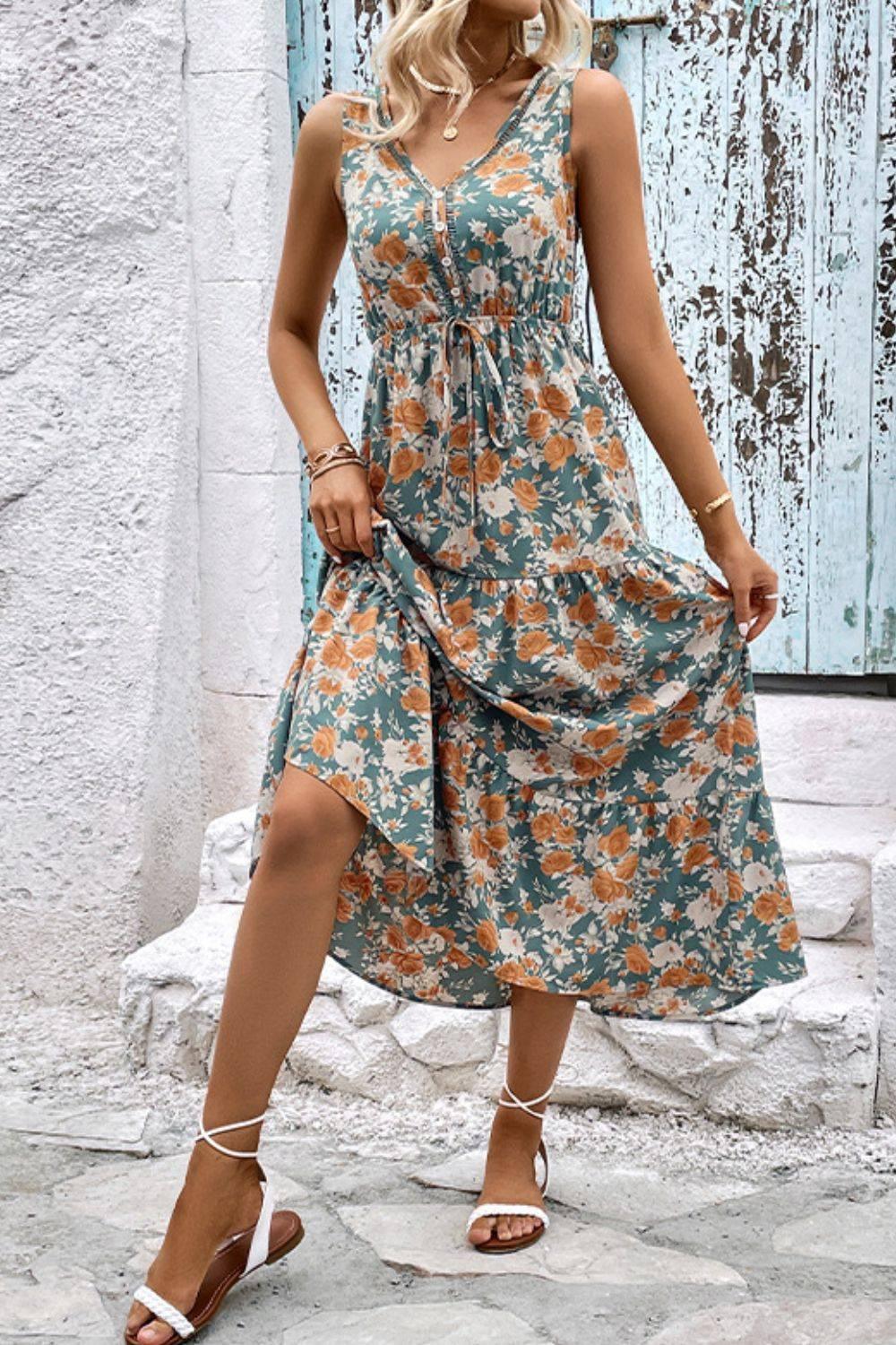 Perfee Floral V-Neck Tiered Sleeveless Dress - Clothes For Her Online Store