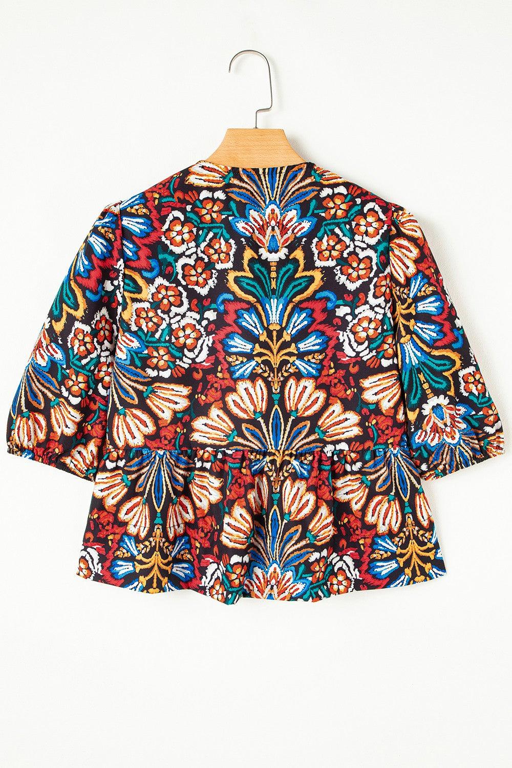 Tropical Print Puff Sleeve Knot Front Blouse - Clothes For Her Online Store