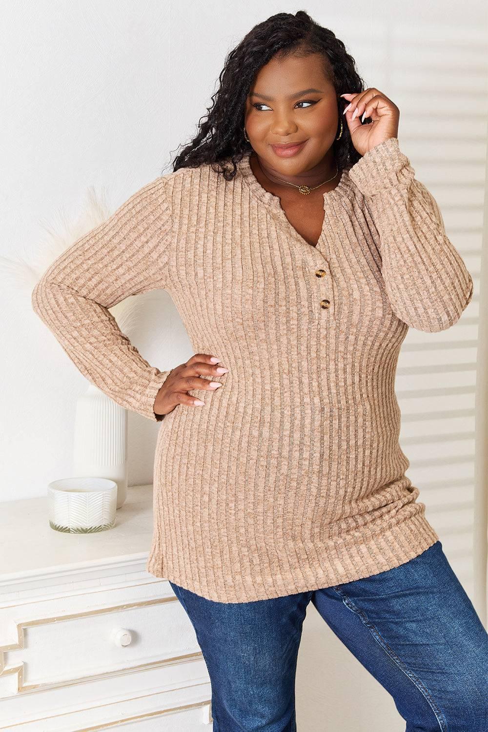 Double Take Notched Neck Ribbed Long Sleeve T-Shirt - Clothes For Her Online Store