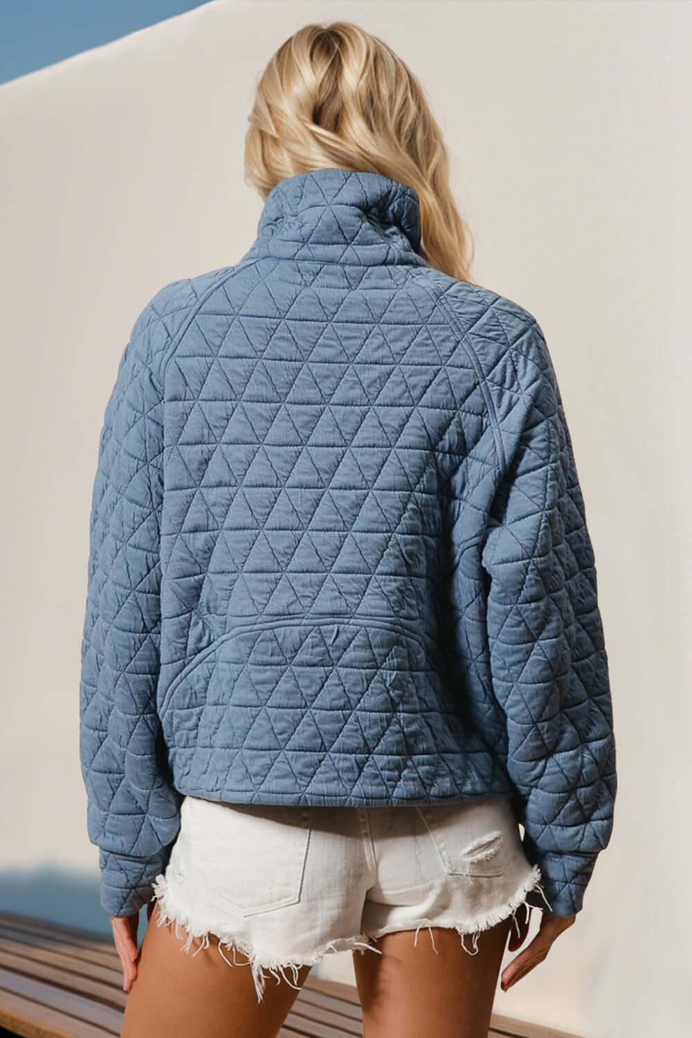 Double Take Half Zip Long Sleeve Quilted Sweatshirt with Pocket - Clothes For Her Online Store