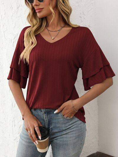 Mandy V-Neck Ruffle Half Sleeve Top - Clothes For Her Online Store