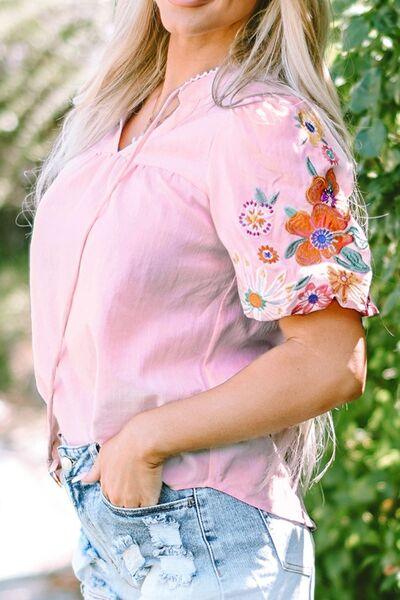 Floral Embroidered Puff Sleeve Blouse - Clothes For Her Online Store