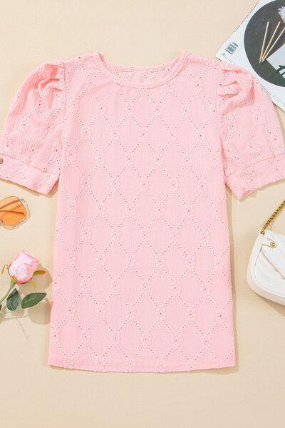 Flower Geometric Textured Short Sleeve Top - Clothes For Her Online Store