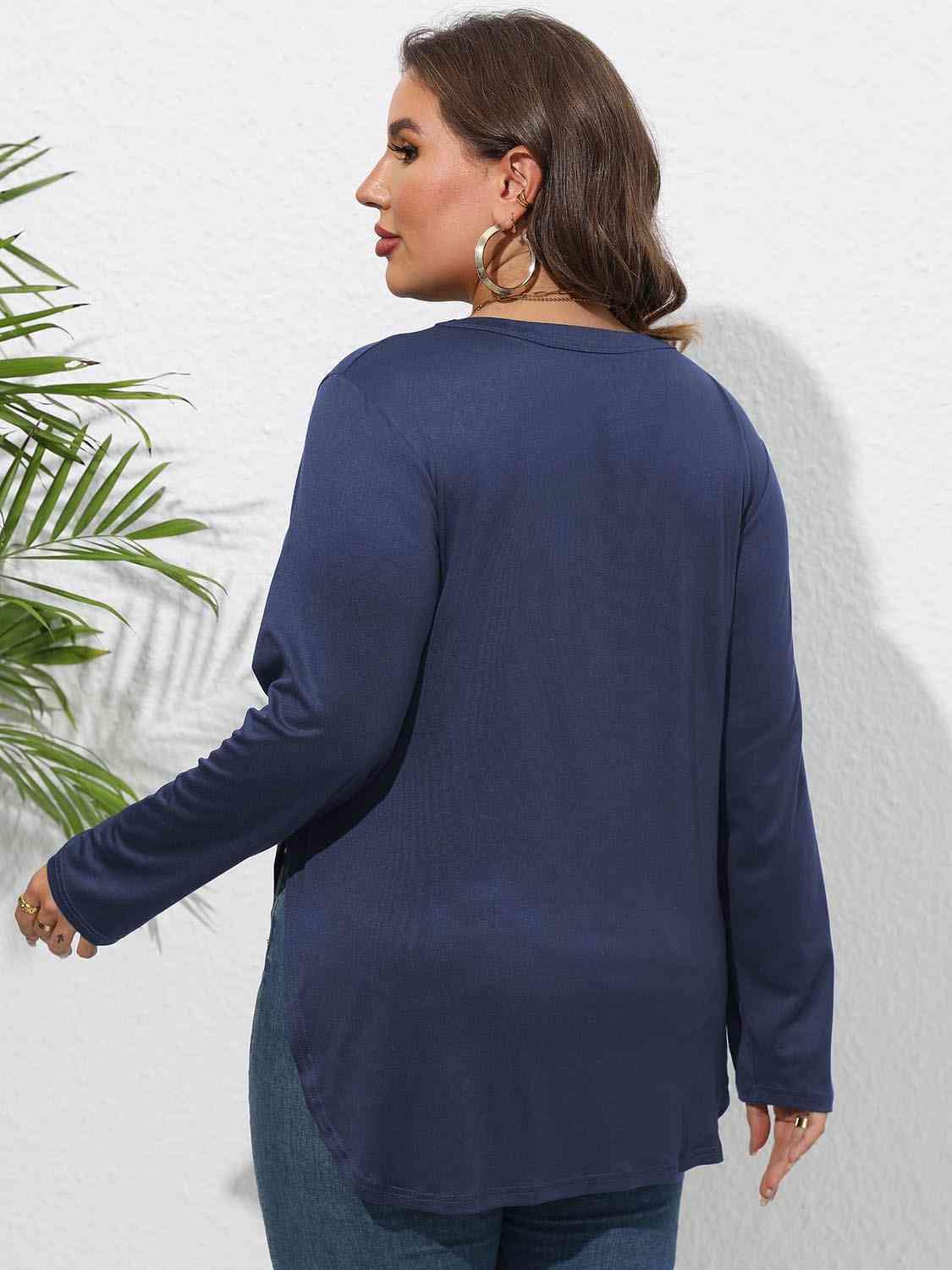 Plus Size Round Neck Long Sleeve Slit T-Shirt - Clothes For Her Online Store