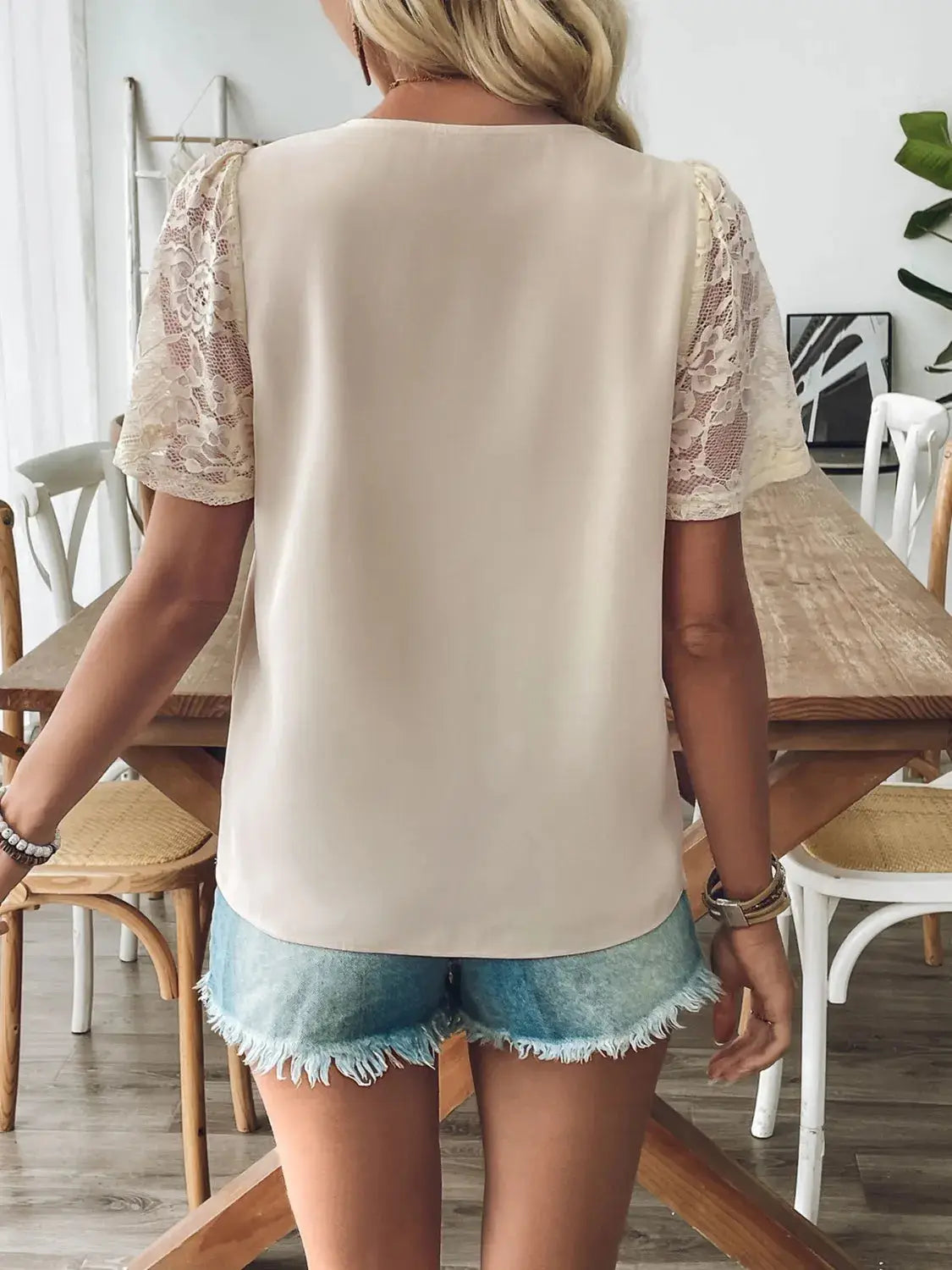 V-Neck Lace Short Sleeve T-Shirt - Clothes For Her Online Store