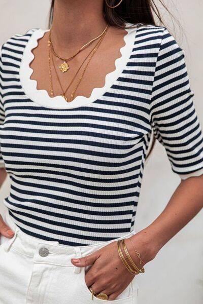 Striped Contrast Scallop Trim Half Sleeve T-shirt - Clothes For Her Online Store