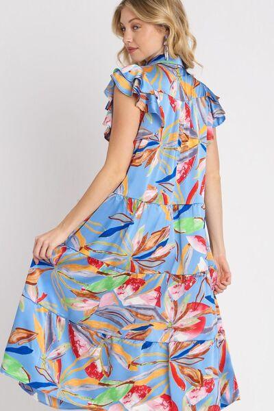 Umgee Full Size Leaf Print Double Layered Ruffle Sleeve Tiered Midi Dress Plus Size - Clothes For Her Online Store
